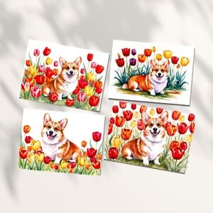 Corgi Dog in a Field of Tulips, Spring Collection Blank Note Cards